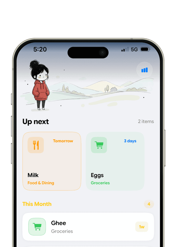 Deadlinr's Up Next screen with milk due tomorrow and eggs in 3 days