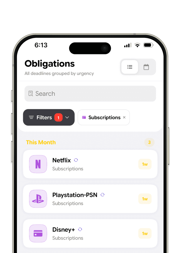 Deadlinr's list of subscriptions, ordered by what renews first